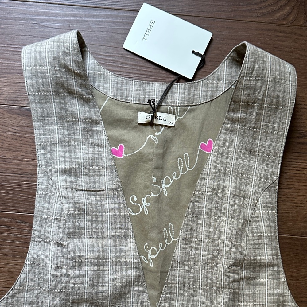 BNWT Spell Beige Plaid Arizona Vest with Pink Heart Detail XXS